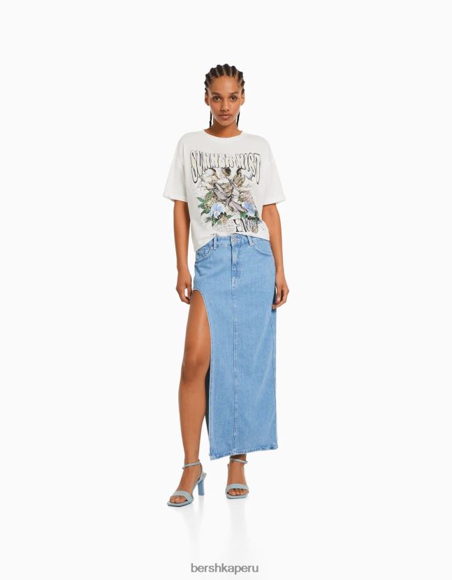 blanquecino Bershka mujer camiseta de manga corta con estampado 806J6B360