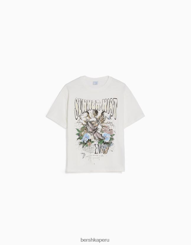 blanquecino Bershka mujer camiseta de manga corta con estampado 806J6B360