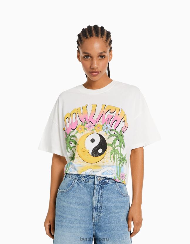 blanquecino Bershka mujer camiseta de manga corta con estampado 806J6B363