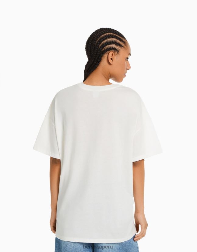 blanquecino Bershka mujer camiseta de manga corta con estampado 806J6B363
