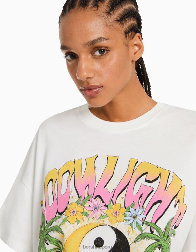 blanquecino Bershka mujer camiseta de manga corta con estampado 806J6B363