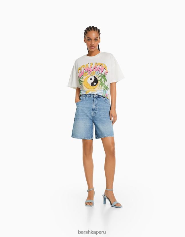 blanquecino Bershka mujer camiseta de manga corta con estampado 806J6B363