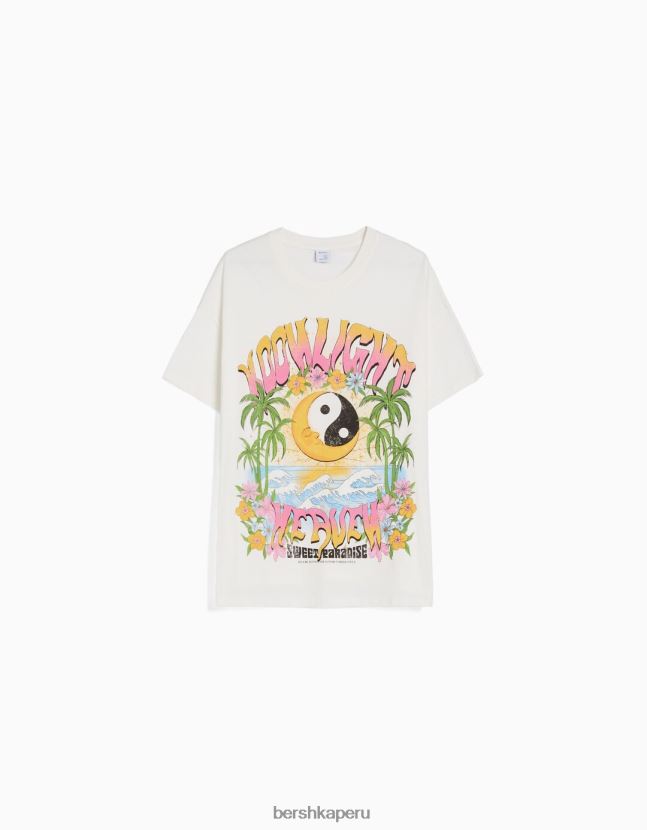 blanquecino Bershka mujer camiseta de manga corta con estampado 806J6B363