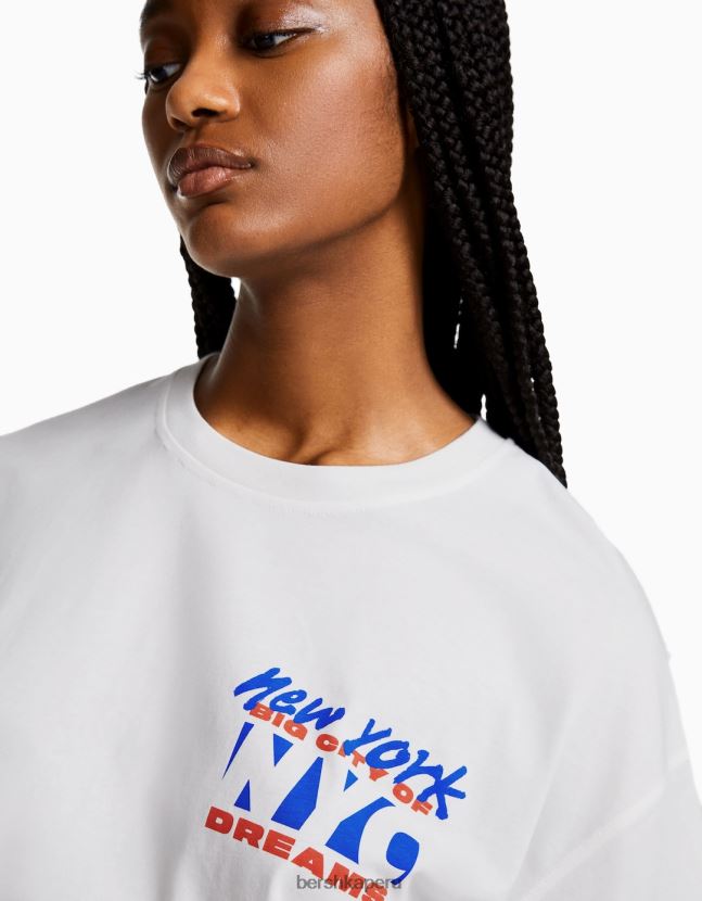 blanquecino Bershka mujer camiseta de manga corta con estampado 806J6B404