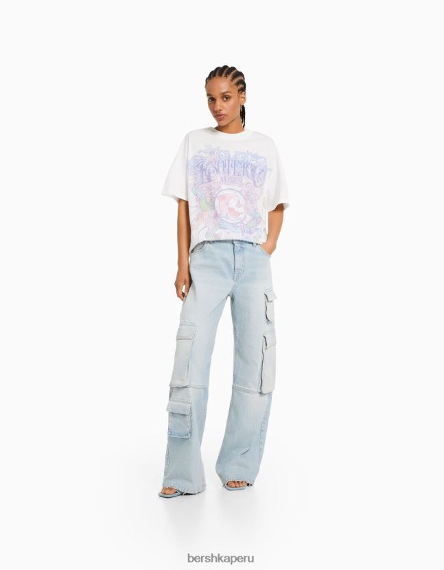 blanquecino Bershka mujer camiseta de manga corta con estampado 806J6B432