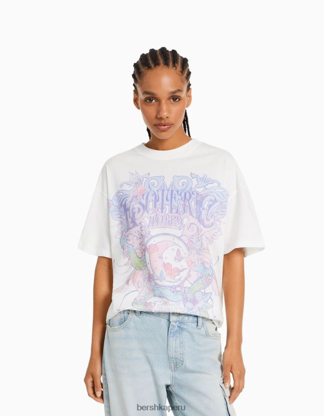 blanquecino Bershka mujer camiseta de manga corta con estampado 806J6B432