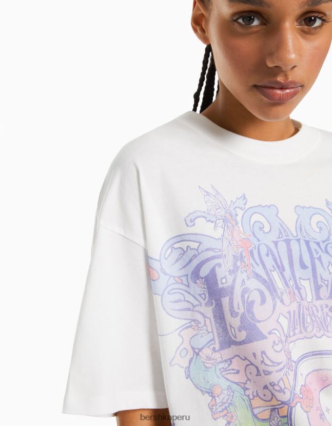 blanquecino Bershka mujer camiseta de manga corta con estampado 806J6B432