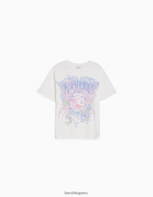 blanquecino Bershka mujer camiseta de manga corta con estampado 806J6B432