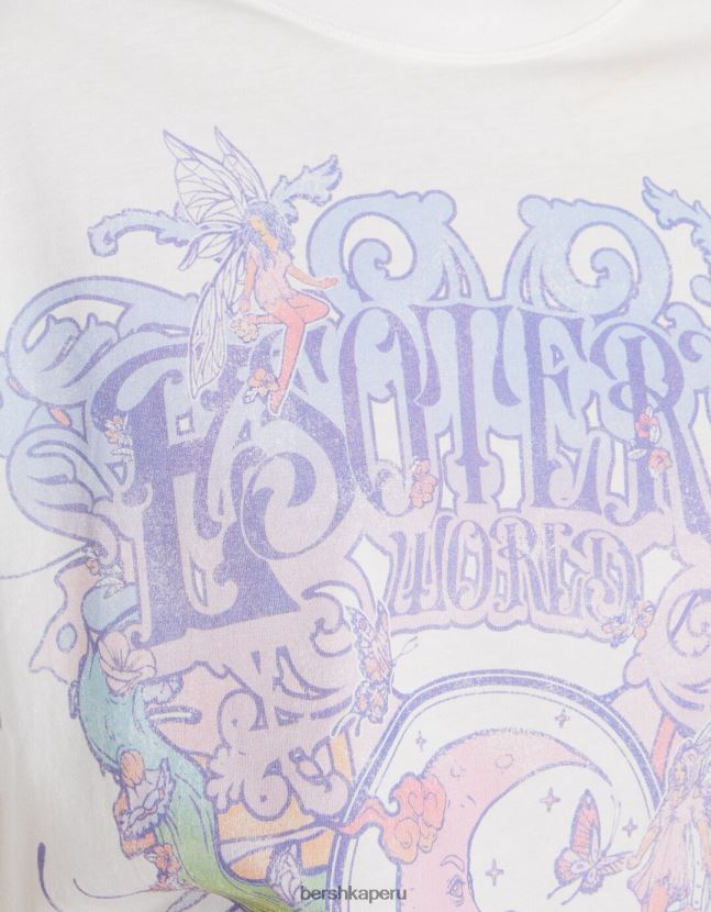 blanquecino Bershka mujer camiseta de manga corta con estampado 806J6B432