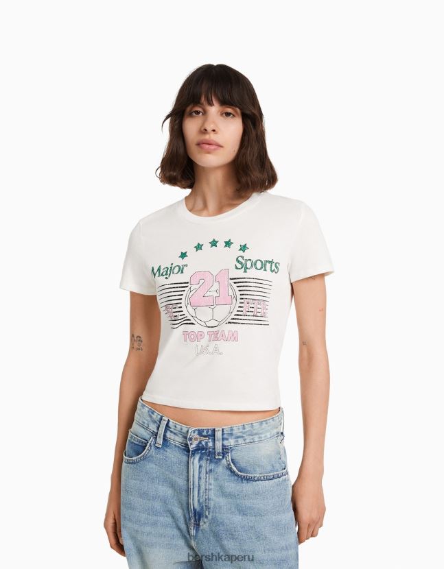 blanquecino Bershka mujer camiseta de manga corta con estampado 806J6B493