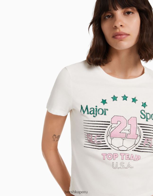 blanquecino Bershka mujer camiseta de manga corta con estampado 806J6B493