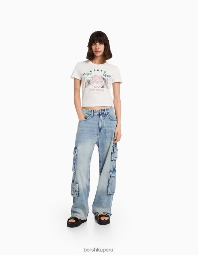 blanquecino Bershka mujer camiseta de manga corta con estampado 806J6B493