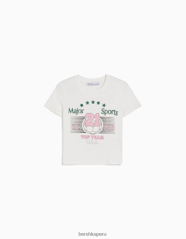 blanquecino Bershka mujer camiseta de manga corta con estampado 806J6B493