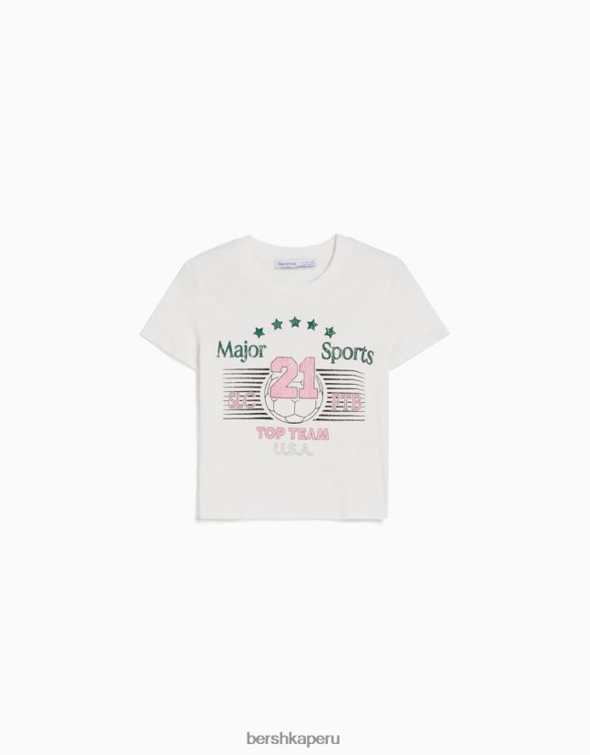 blanquecino Bershka mujer camiseta de manga corta con estampado 806J6B495