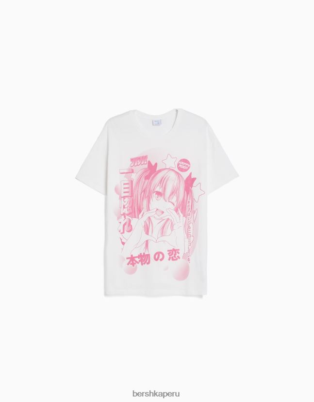 blanquecino Bershka mujer camiseta de manga corta con estampado 806J6B523