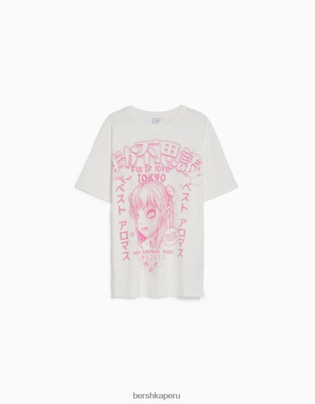 blanquecino Bershka mujer camiseta de manga corta con estampado 806J6B579