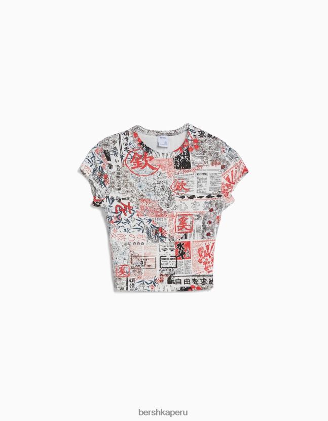 blanquecino Bershka mujer camiseta de manga corta con estampado 806J6B596
