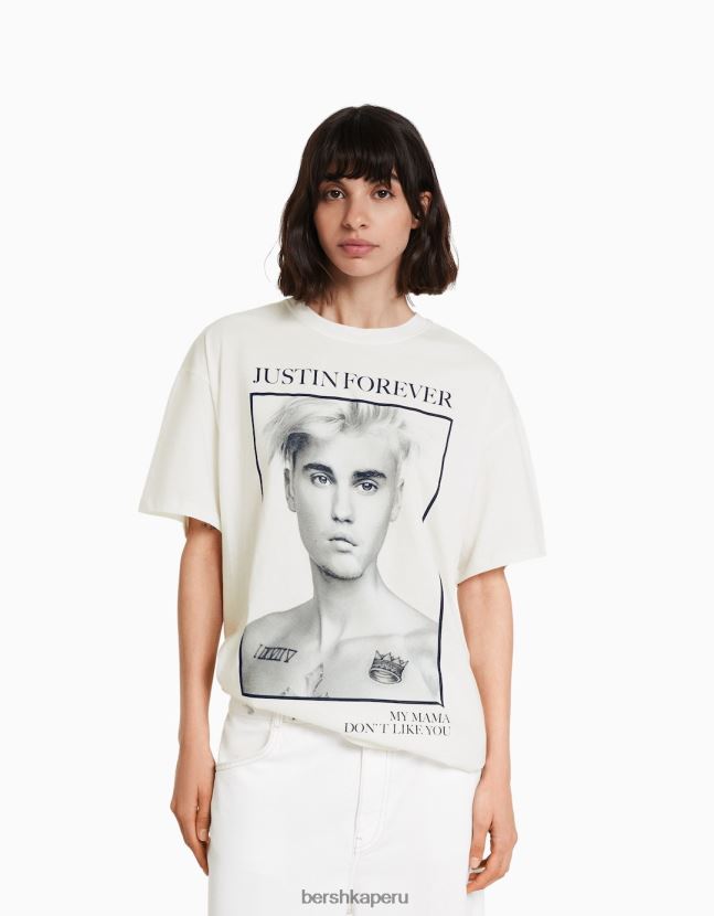 blanquecino Bershka mujer camiseta de manga corta con estampado de justin bieber 806J6B325