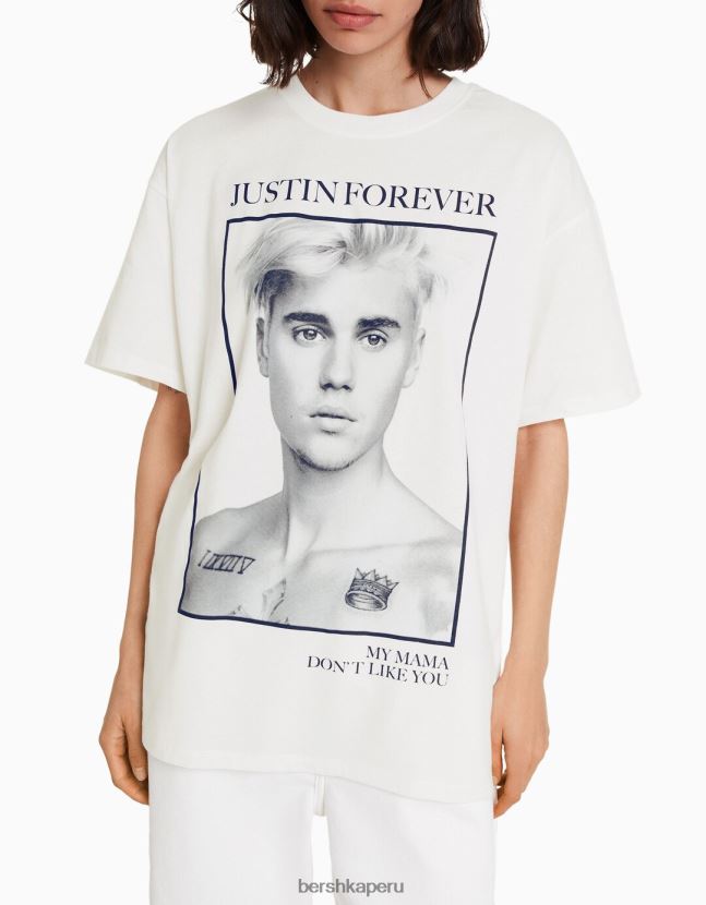blanquecino Bershka mujer camiseta de manga corta con estampado de justin bieber 806J6B325