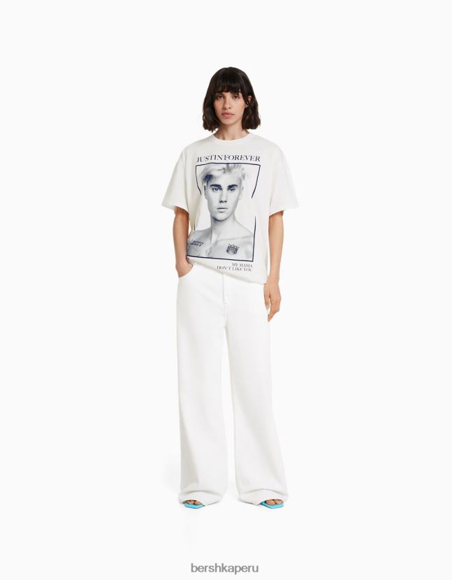 blanquecino Bershka mujer camiseta de manga corta con estampado de justin bieber 806J6B325