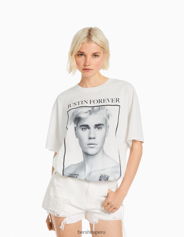 blanquecino Bershka mujer camiseta de manga corta con estampado de justin bieber 806J6B472