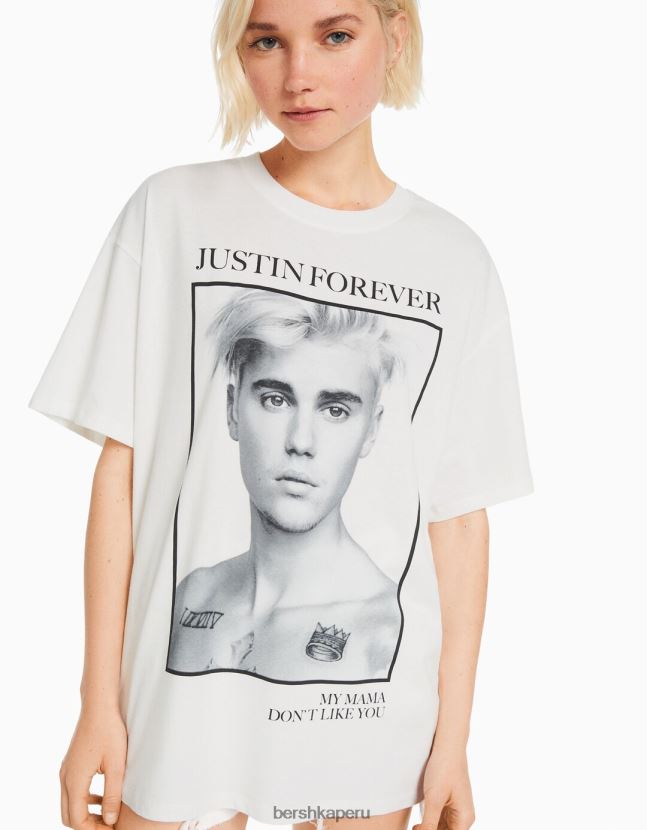 blanquecino Bershka mujer camiseta de manga corta con estampado de justin bieber 806J6B472