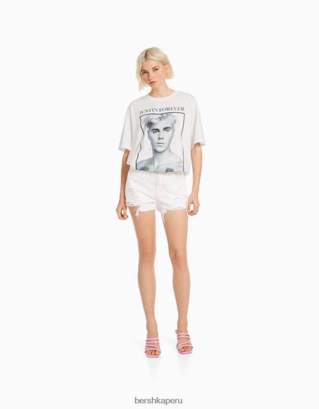 blanquecino Bershka mujer camiseta de manga corta con estampado de justin bieber 806J6B472
