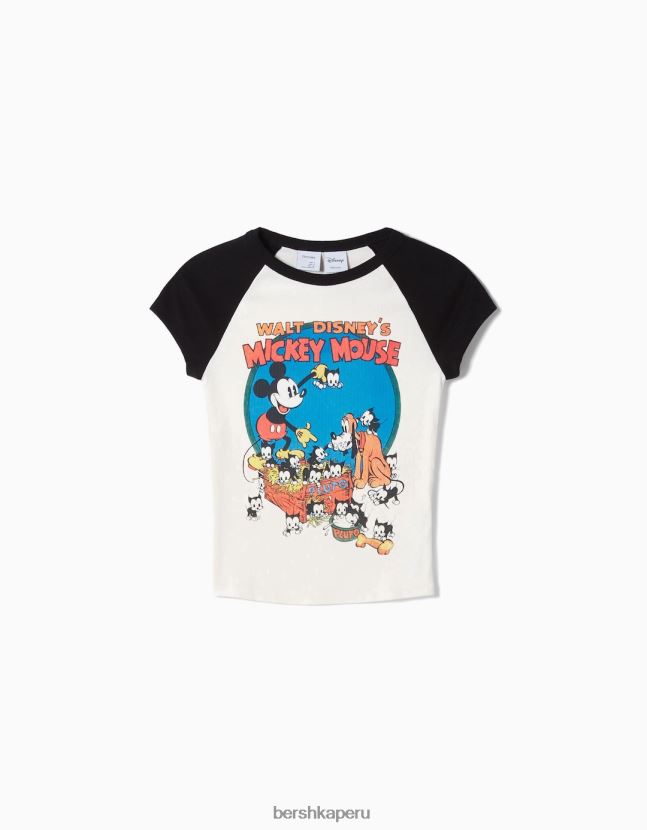 blanquecino Bershka mujer camiseta de manga corta con estampado de mickey mouse 806J6B580