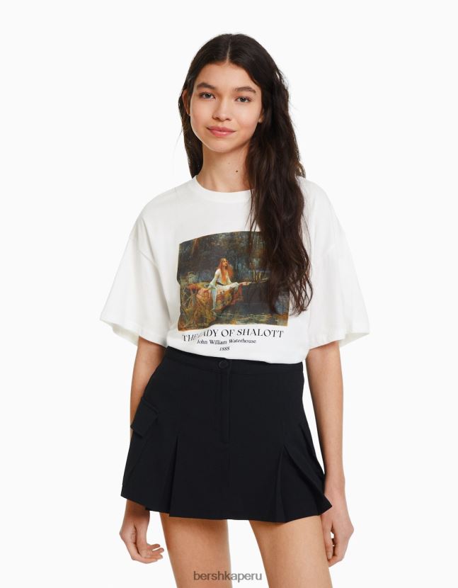 blanquecino Bershka mujer camiseta de manga corta con estampado de serie de arte 806J6B448