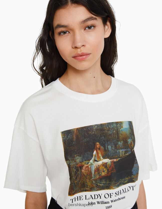 blanquecino Bershka mujer camiseta de manga corta con estampado de serie de arte 806J6B448