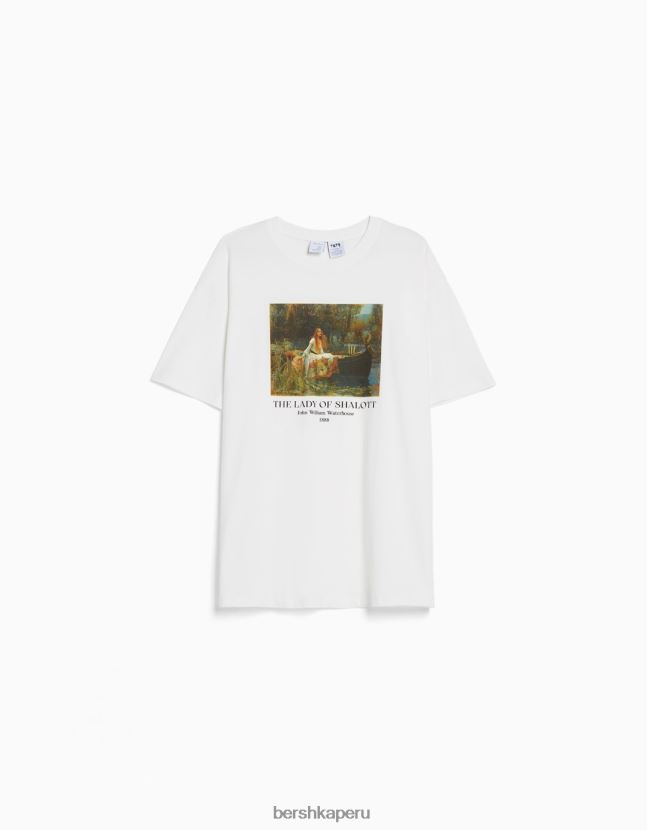 blanquecino Bershka mujer camiseta de manga corta con estampado de serie de arte 806J6B448