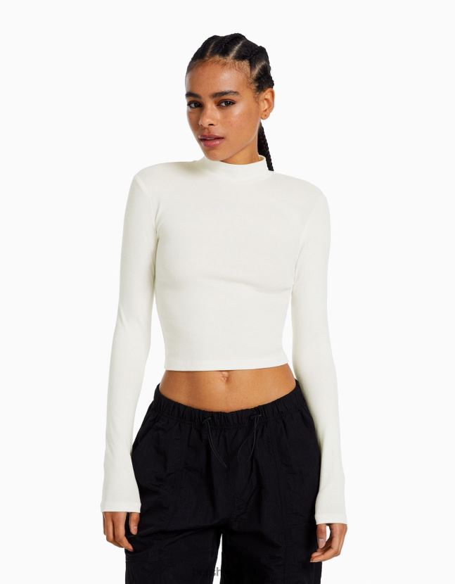 blanquecino Bershka mujer camiseta de manga larga con cuello alto 806J6B407