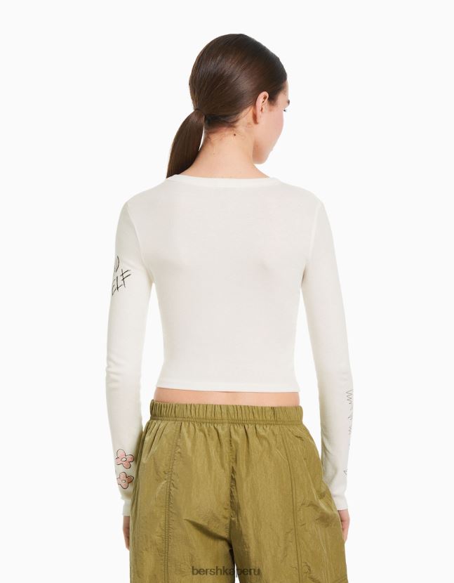 blanquecino Bershka mujer camiseta de manga larga con estampado 806J6B622