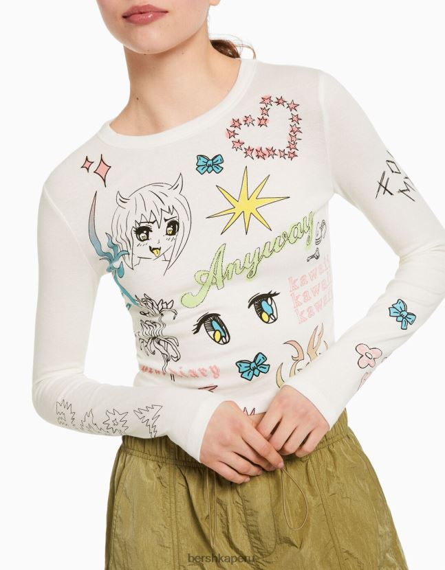 blanquecino Bershka mujer camiseta de manga larga con estampado 806J6B622
