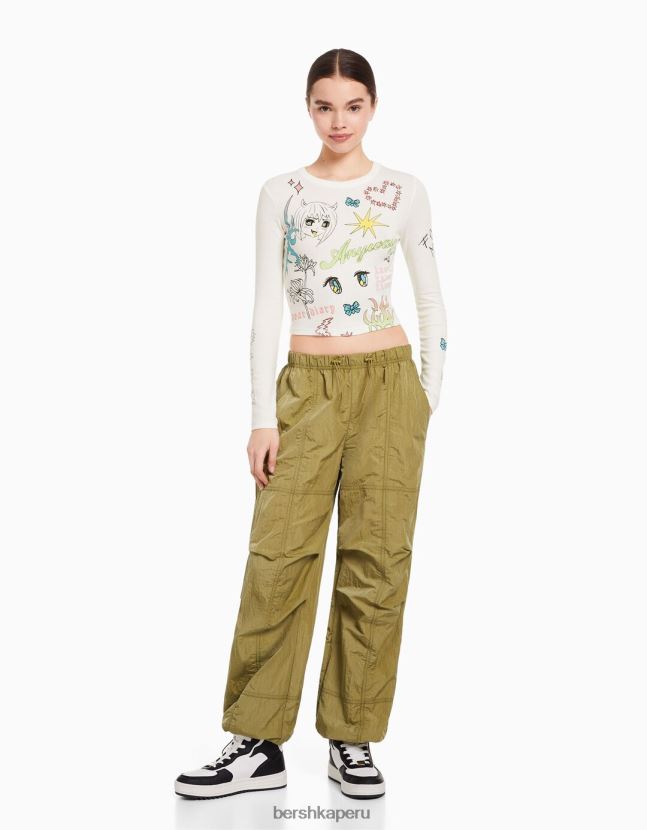 blanquecino Bershka mujer camiseta de manga larga con estampado 806J6B622