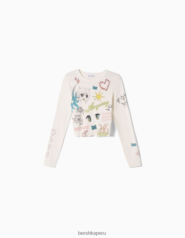 blanquecino Bershka mujer camiseta de manga larga con estampado 806J6B622