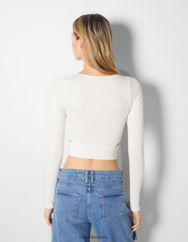 blanquecino Bershka mujer camiseta de manga larga sin costuras con detalle de corte lateral 806J6B355