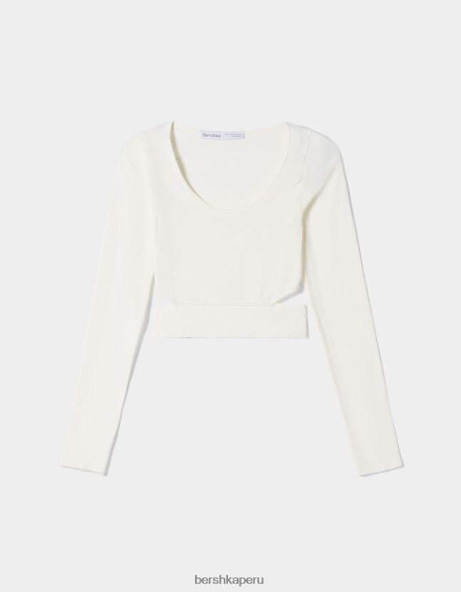 blanquecino Bershka mujer camiseta de manga larga sin costuras con detalle de corte lateral 806J6B355