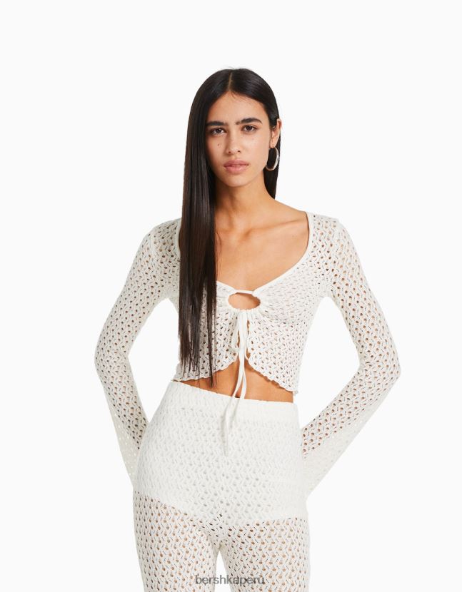 blanquecino Bershka mujer camiseta rústica de manga larga con detalle de lazo 806J6B423