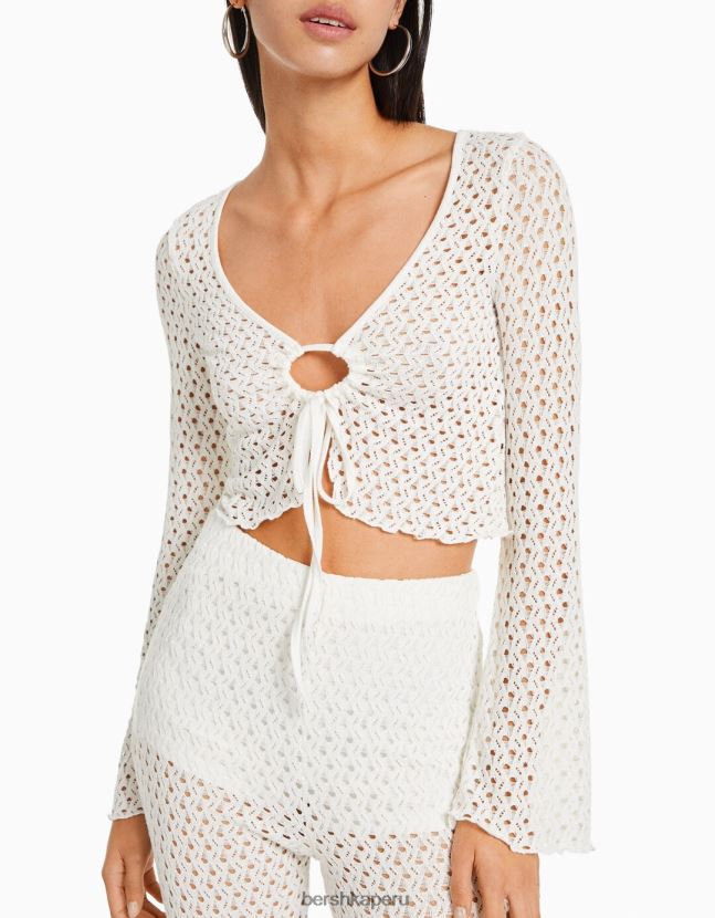blanquecino Bershka mujer camiseta rústica de manga larga con detalle de lazo 806J6B423