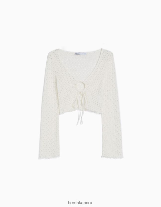 blanquecino Bershka mujer camiseta rústica de manga larga con detalle de lazo 806J6B423