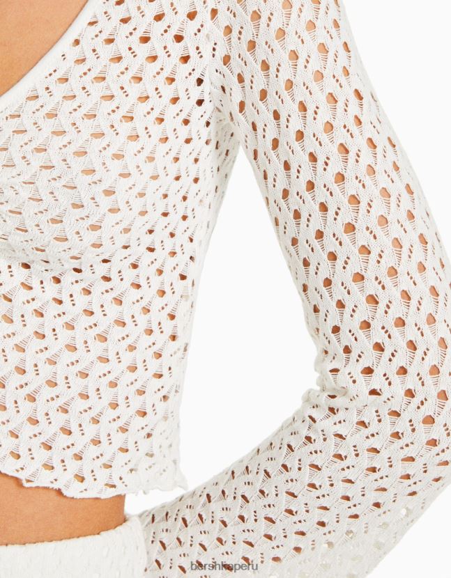 blanquecino Bershka mujer camiseta rústica de manga larga con detalle de lazo 806J6B423