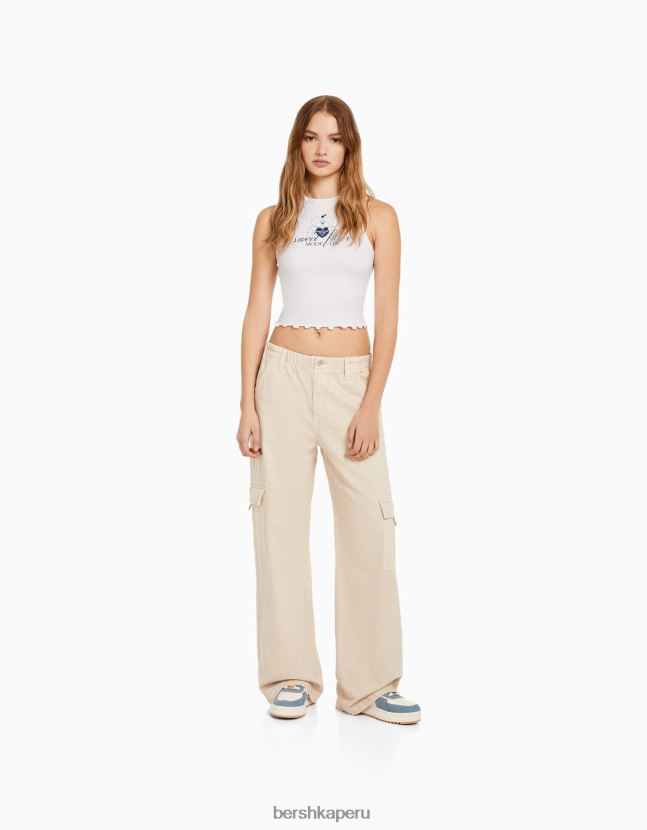 blanquecino Bershka mujer camiseta sin mangas de canalé estampada 806J6B629
