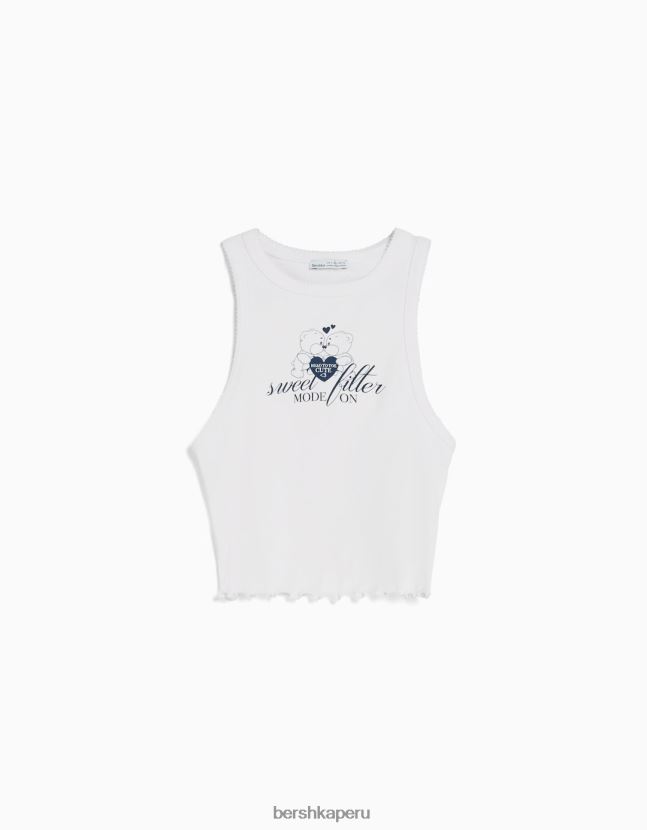 blanquecino Bershka mujer camiseta sin mangas de canalé estampada 806J6B629