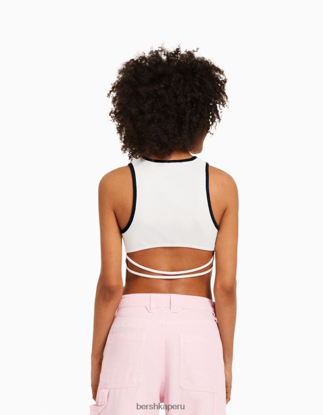 blanquecino Bershka mujer camiseta sin mangas del equipo universitario con la espalda abierta 806J6B608