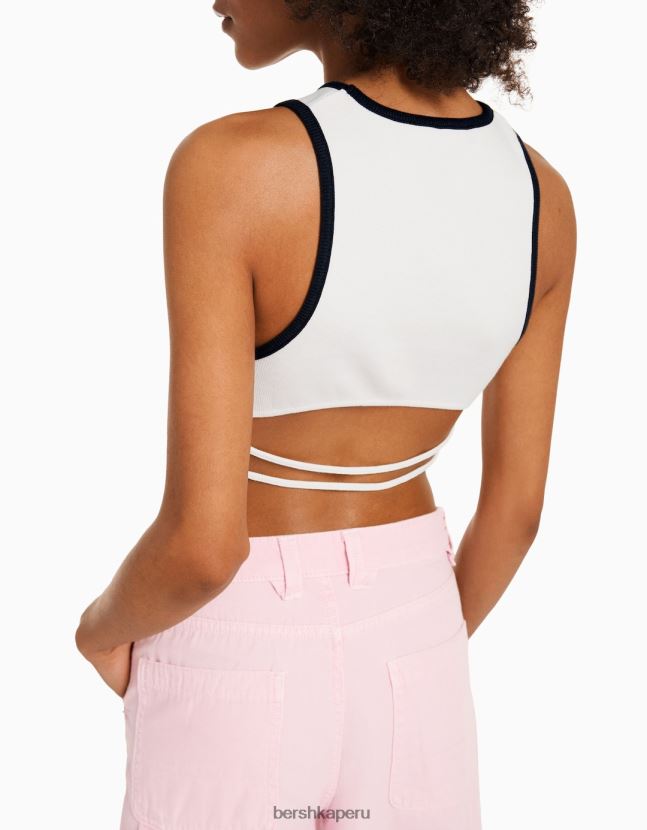 blanquecino Bershka mujer camiseta sin mangas del equipo universitario con la espalda abierta 806J6B608