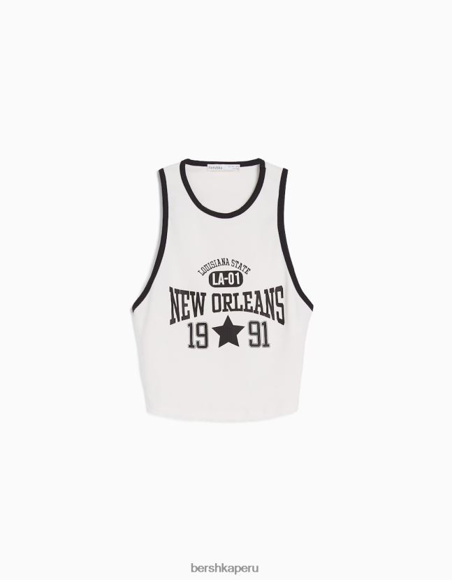 blanquecino Bershka mujer camiseta sin mangas del equipo universitario con la espalda abierta 806J6B608