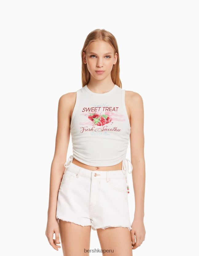 blanquecino Bershka mujer camiseta sin mangas estampada con laterales fruncidos 806J6B632