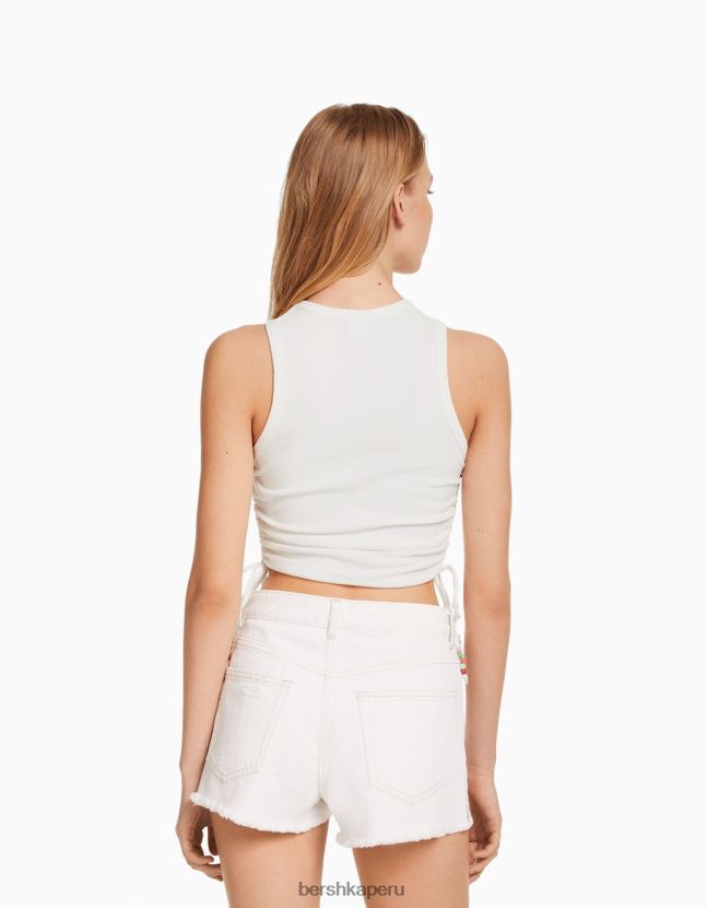 blanquecino Bershka mujer camiseta sin mangas estampada con laterales fruncidos 806J6B632