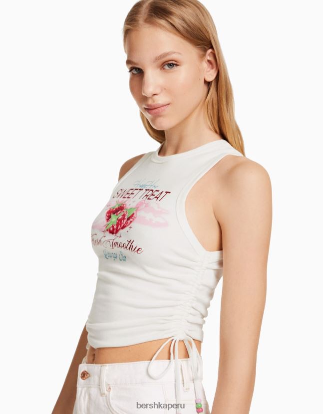 blanquecino Bershka mujer camiseta sin mangas estampada con laterales fruncidos 806J6B632